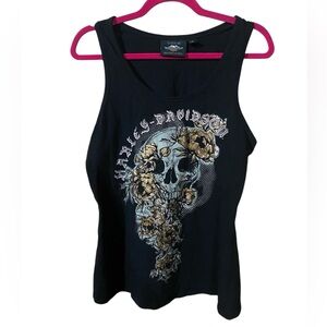 Y2K Harley Davidson Grunge Bold Skull Floral Sleeveless Black Tank Top Medium